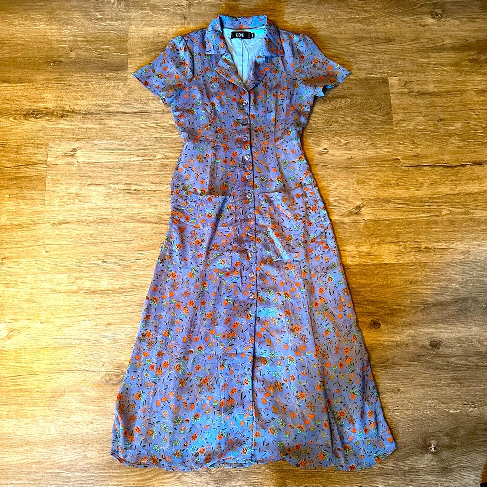 Floral Midi Dress in Blue and Orange